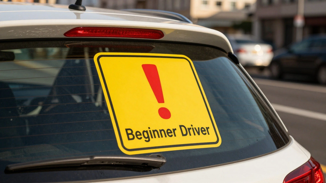 Знак начинающего водителя с восклицательным знаком на заднем стекле машины