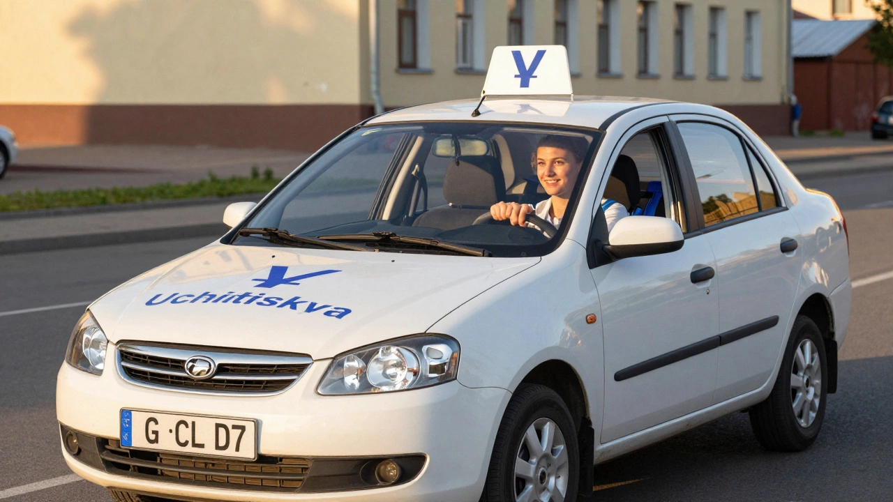 Учебный автомобиль с инструктором и учеником на улице