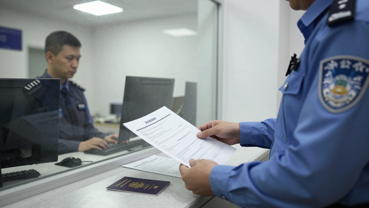 Водитель подает документы в отделении ГИБДД для проверки штрафов