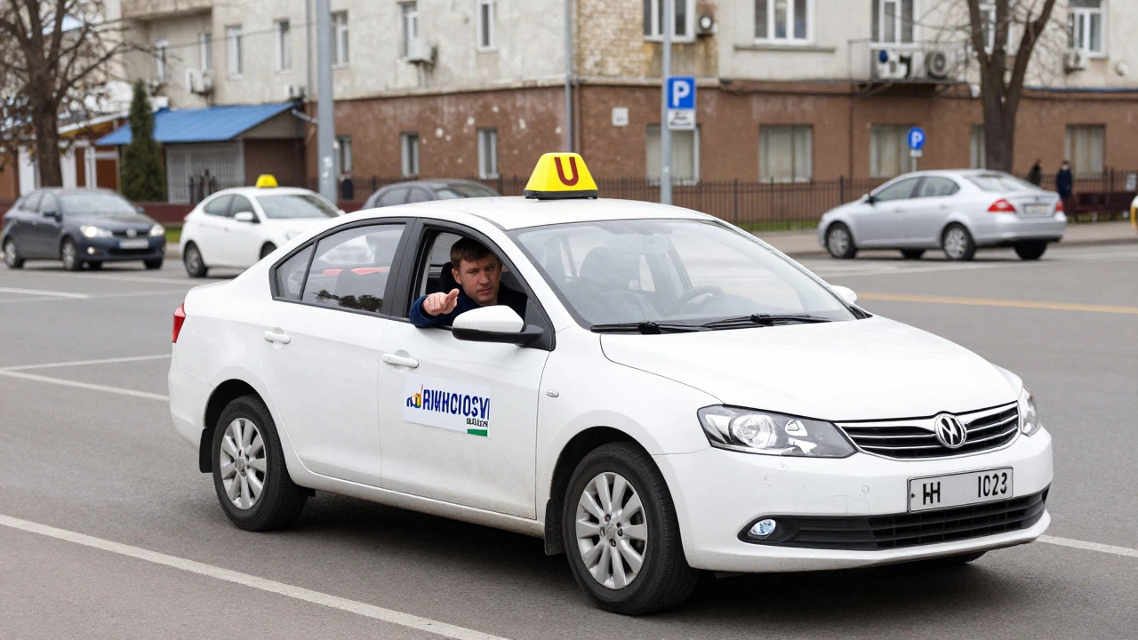 Инструктор обучает ученика вождению на городской улице