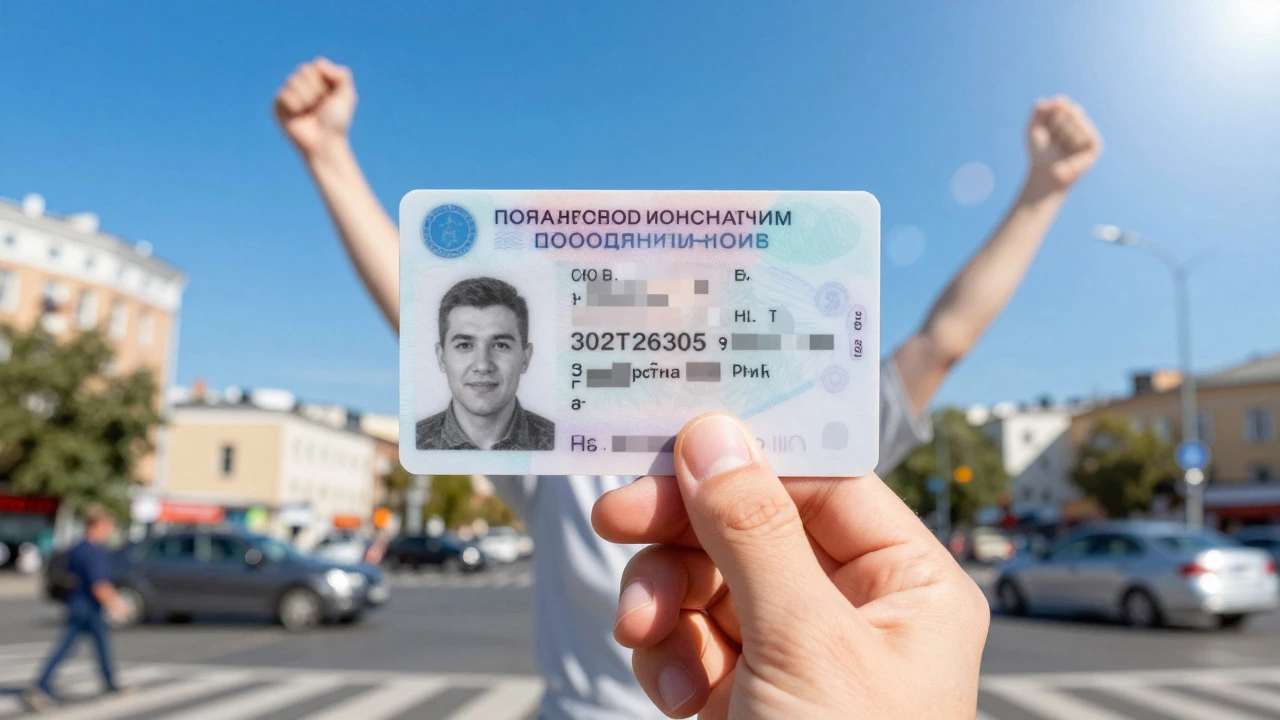 Новое водительское удостоверение на фоне оживленного городского перекрестка