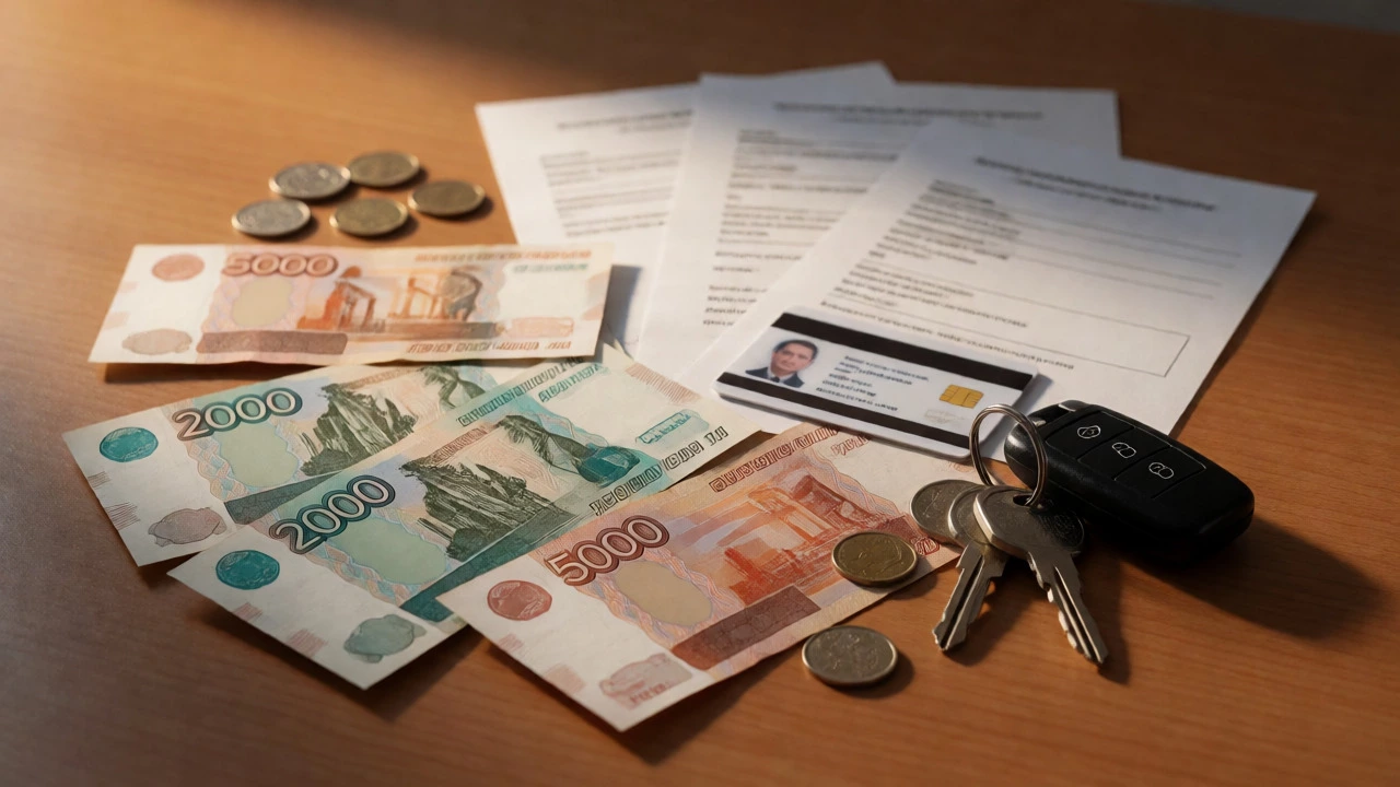 Рублевые купюры, ключи от машины и документы на столе, символизирующие расходы