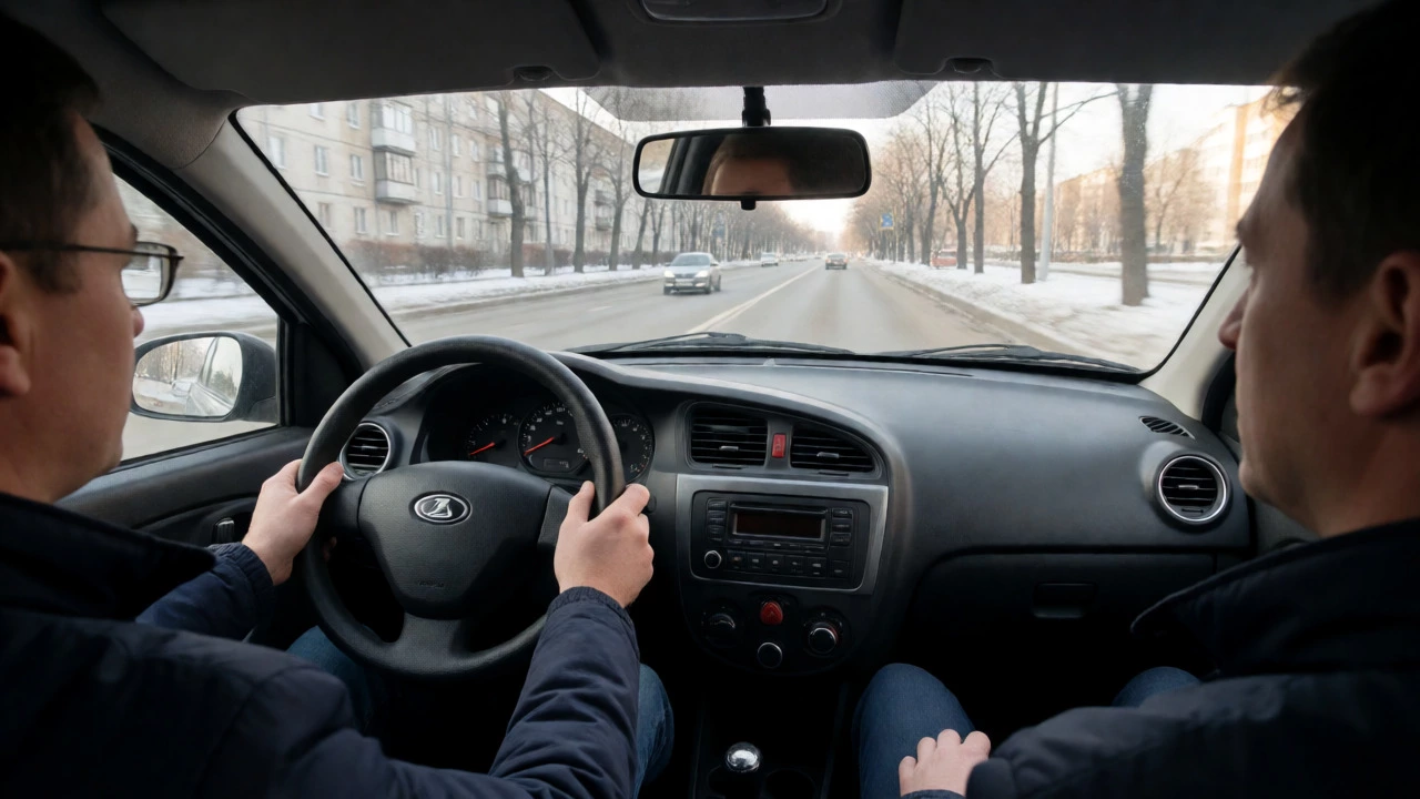 Вид из салона учебного автомобиля во время практического экзамена по вождению